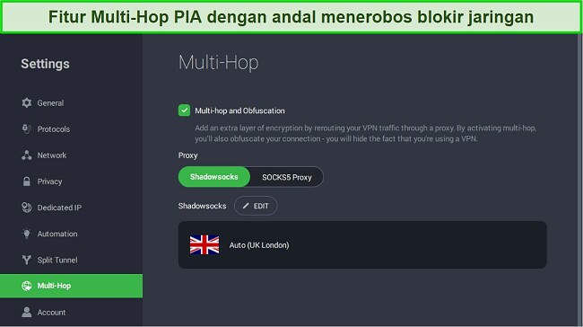 Gambar menunjukkan cara-cara mudah untuk mengatasi VPN yang terblokir dengan menggunakan server tersembunyi dari PIA