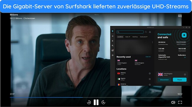 "Parmount+ mit Surfshark streamen - Billions": Eine Person schaut "Billions" auf Parmount+ mit Surfshark-Streaming