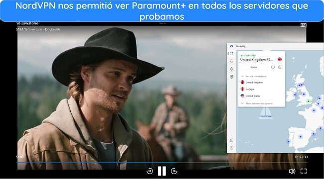 M&aacute;scara amarilla con logotipos de Paramount+ y NordVPN, representando c&oacute;mo ver Yellowstone a trav&eacute;s de streaming
