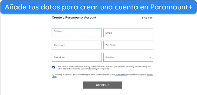 M&aacute;scara sobre fondo abstracto con texto 'C&oacute;mo ver Paramount Plus desde cualquier lugar: crear cuenta